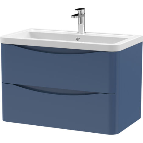Nuie Lunar Satin Blue 800mm Wall Hung 2 Drawer Vanity Unit and Ceramic Basin - LUN304A (1/3)