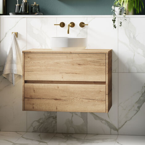 Nuie Havana Autumn Oak Woodgrain 600mm Wall Hung 2 Drawer Vanity Unit with Worktop - HAV804W