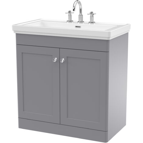 Nuie Classique Satin Grey 800mm 2 Door Vanity Unit and Classic Fireclay Basin with 3 Tap Holes - CLC226B (1/3)