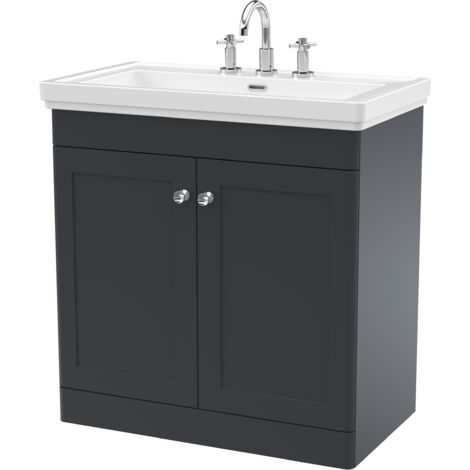 Nuie Classique Satin Soft Black 800mm 2 Door Vanity Unit and Classic Fireclay Basin with 3 Tap Holes - CLC1426B