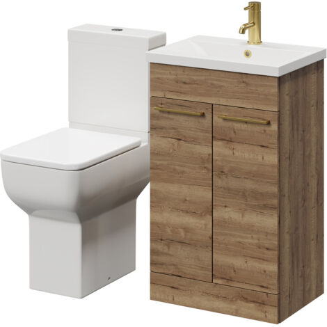 Wholesale Domestic Alessio Tobacco Oak 500mm Vanity Unit and Toilet Suite including Comfort Height Toilet and Floor Standing Vanity Unit with 2 Doors and Brushed Brass Handles (1/5)