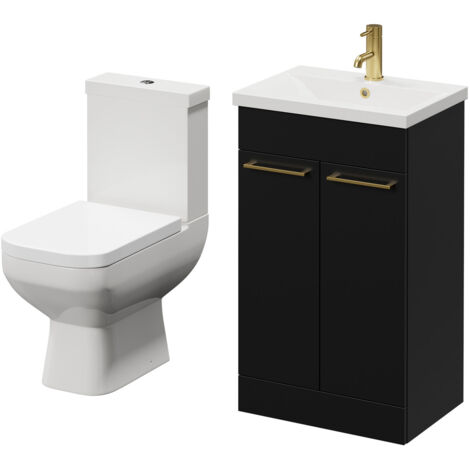 Wholesale Domestic Turin Matt Black 500mm Floor Standing Vanity Unit and Toilet Suite with 1 Tap Hole Glide Basin and 2 Doors with Brushed Brass Handles (1/5)