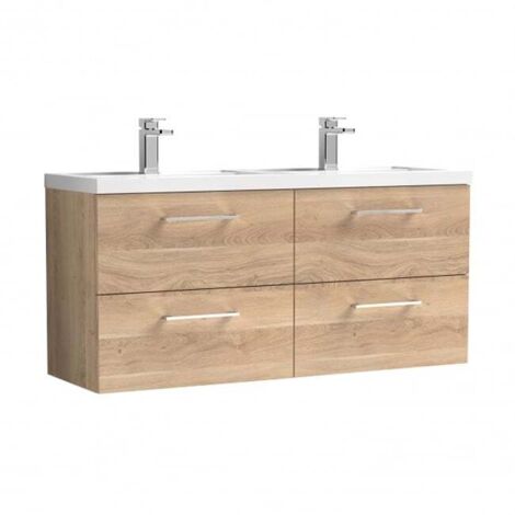 Nuie Arno Bleached Oak Woodgrain 1200mm Wall Hung 4 Drawer Vanity Unit and Double Polymarble Basins - ARN3024C (1/5)