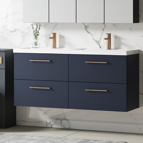 Nuie Arno Satin Midnight Blue 1200mm Wall Hung 4 Drawer Vanity Unit and Double Polymarble Basins - ARN2924C (1/5)