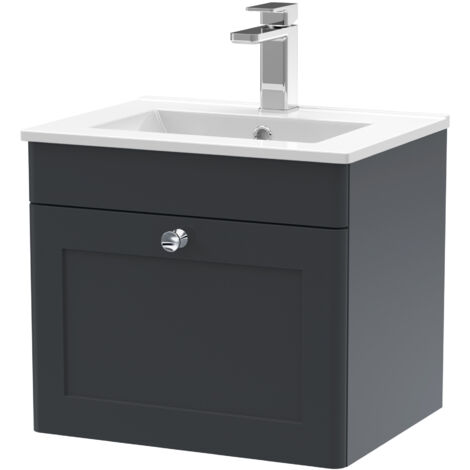 Nuie Classique Satin Soft Black 500mm Wall Hung Single Drawer Vanity Unit and 18mm Profile Basin - CLC1491C (1/5)