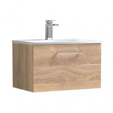 Nuie Arno Bleached Oak Woodgrain 600mm Wall Hung Single Drawer Vanity Unit and Curved Ceramic Basin - ARN3022G (1/5)