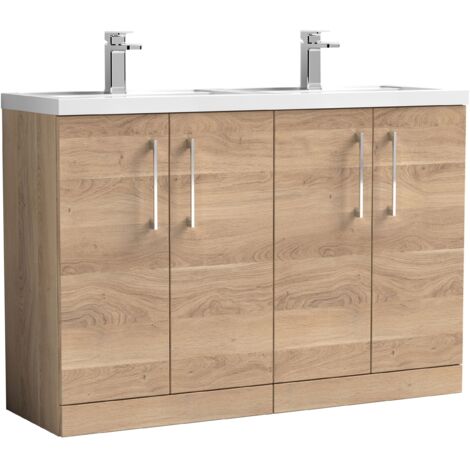 Nuie Arno Bleached Oak Woodgrain 1200mm 4 Door Vanity Unit and Double Polymarble Basins - ARN3003C (1/4)