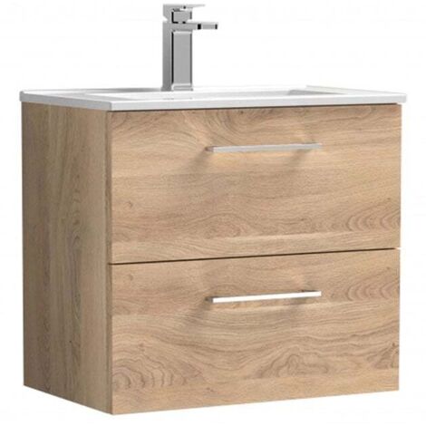 Nuie Arno wall hung vanity unit 600mm wide – 2 soft-close drawers – Minimalist ceramic basin – Bleached oak finish – For bathroom essentials (1/5)