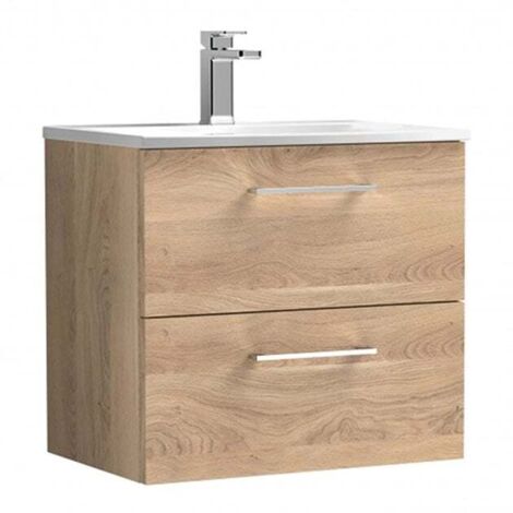Nuie Arno wall hung 2-drawer vanity unit with basin 4 – 600mm wide – Curved front ceramic basin – Soft-close drawers – Bleached oak finish (1/5)