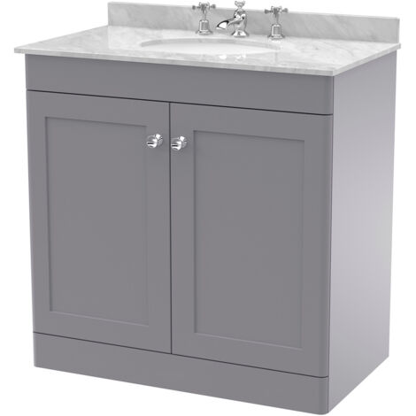 Nuie Classique Satin Grey 800mm 2 Door Vanity Unit with Grey Marble Countertop and Round Basin with 3 Tap Holes - CLC226GR3 (1/2)