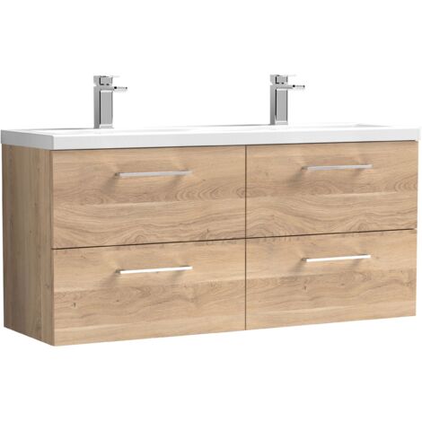 Nuie Arno Bleached Oak Woodgrain 1200mm Wall Hung 4 Drawer Vanity Unit with Double Ceramic Basins - ARN3024F (1/5)