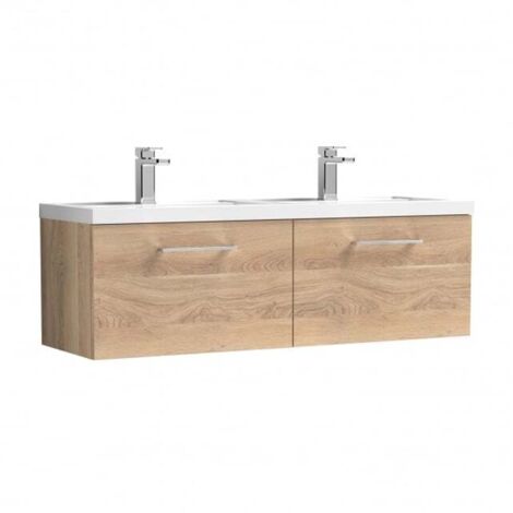 Nuie Arno Bleached Oak Woodgrain 1200mm Wall Hung 2 Drawer Vanity Unit and Double Polymarble Basins - ARN3022C (1/5)