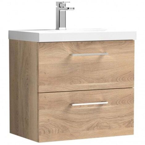 Nuie Arno Bleached Oak Woodgrain 600mm Wall Hung 2 Drawer Vanity Unit and Thin Edge Ceramic Basin - ARN3024D (1/5)