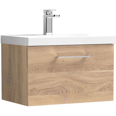Nuie Arno Bleached Oak Woodgrain 600mm Wall Hung Single Drawer Vanity Unit and Mid Edge Ceramic Basin - ARN3022A (1/5)
