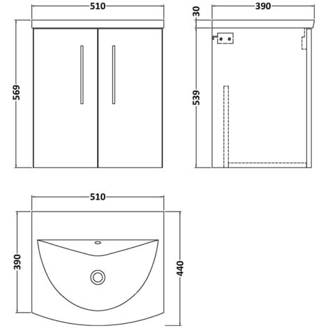 Nuie Arno Bleached Oak Woodgrain 500mm Wall Hung 2 Door Vanity Unit and Curved Ceramic Basin - ARN3021G