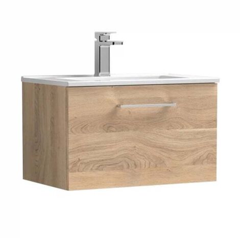 Nuie Arno Bleached Oak Woodgrain 600mm Wall Hung Single Drawer Vanity Unit and Minimalist Ceramic Basin - ARN3022B (1/5)