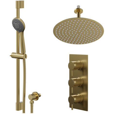 Colore Round Brushed Brass Concealed Triple Thermostatic Shower Valve and 300mm Thin Round Fixed Head with 150mm Ceiling Arm and Round Slide Rail Kit with Round Elbow - 2 Outlet