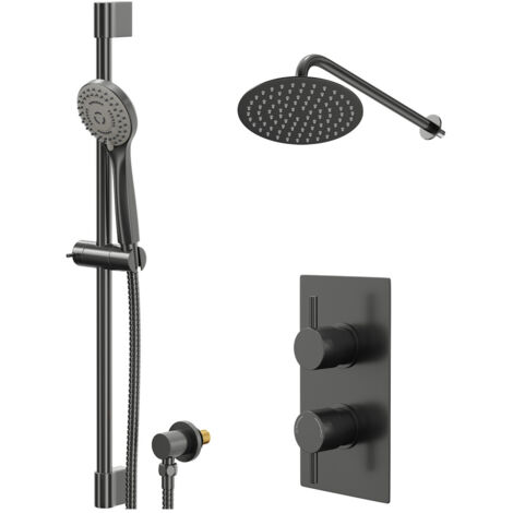 Colore Round Gunmetal Grey Concealed Twin Thermostatic Shower Valve with Diverter and 200mm Fixed Head with 345mm Wall Arm and Slide Rail Kit - 2 Outlets (1/5)