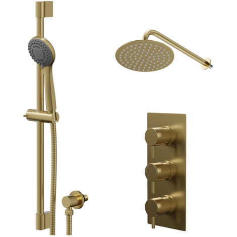Colore Round Brushed Brass Concealed Triple Thermostatic Shower Valve and 200mm Thin Round Fixed Head with Wall Arm and Round Slide Rail Kit with Round Elbow - 2 Outlet (1/5)