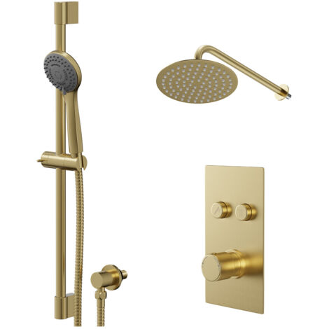 Colore Round Brushed Brass Concealed Push Button Shower Valve and 200mm Thin Round Fixed Head with Wall Arm and Round Slide Rail Kit with Round Elbow - 2 Outlet