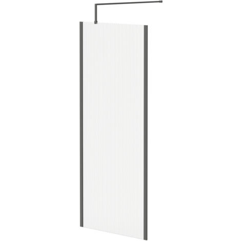 Colore 8mm Fluted Glass Gunmetal Grey 1850mm x 800mm Walk In Shower Screen including Wall Channel with End Profile and Support Bar (1/5)
