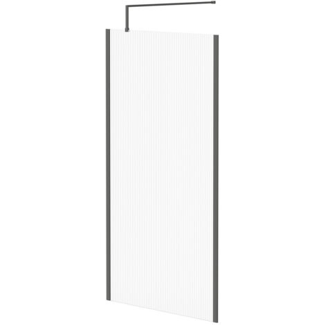 Colore 8mm Fluted Glass Gunmetal Grey 1850mm x 1000mm Walk In Shower Screen including Wall Channel with End Profile and Support Bar (1/5)