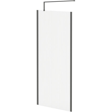 Colore 8mm Fluted Glass Gunmetal Grey 1850mm x 900mm Walk In Shower Screen including Wall Channel with End Profile and Support Bar (1/5)