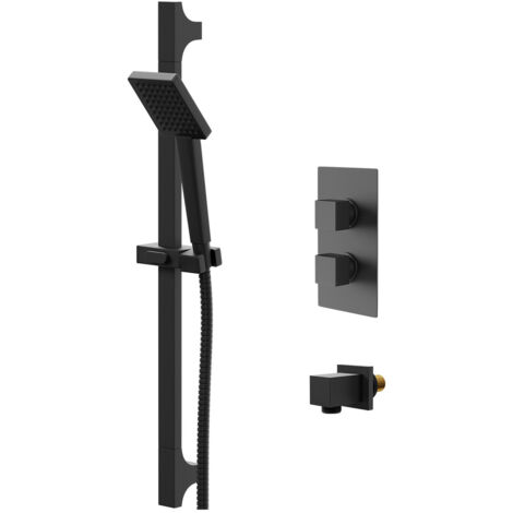 Colore Square Matt Black Concealed Twin Thermostatic Shower Valve with Square Slide Rail Kit and Square Elbow - 1 Outlet (1/5)