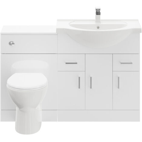 Alexander James Gloss White 1250mm 3 Door 2 Drawer Vanity Unit Toilet Suite