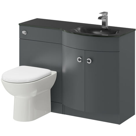 Venice Curved Black Glass 1100mm Right Hand Gloss Grey Vanity Unit Toilet Suite - Grey