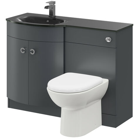 Venice Curved Black Glass 1100mm Left Hand Gloss Grey Vanity Unit Toilet Suite - Grey