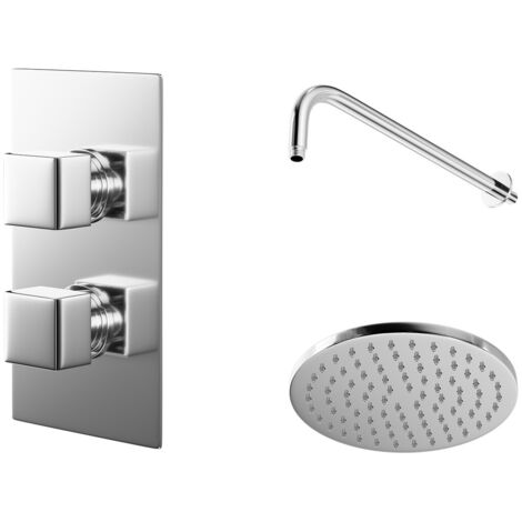 Wholesale Domestic Cubix Polished Chrome Twin Thermostatic Valve Mixer Shower with Round Shower Head and Wall Arm - 1 Outlet (1/5)