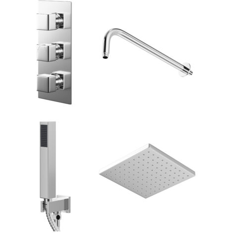 Wholesale Domestic Cubix Polished Chrome Triple Thermostatic Valve Mixer Shower with Square Fixed Head and Square Handset Outlet Holder - 2 Outlet (1/5)