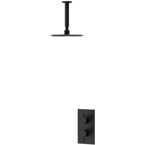 Colore Matt Black Twin Thermostatic Valve Mixer Shower with 200mm Round Fixed Shower Head and Ceiling Arm - 1 Outlet (1/3)