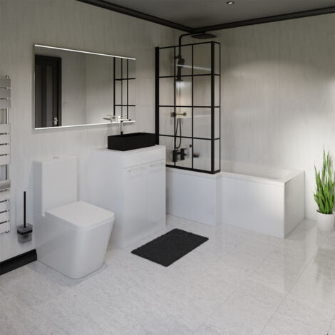 Wholesale Domestic Newington 1500mm Left Hand L Shaped Bathroom Suite including Matt Black Countertop Basin and Gloss White Vanity Unit with Polished Chrome Handles