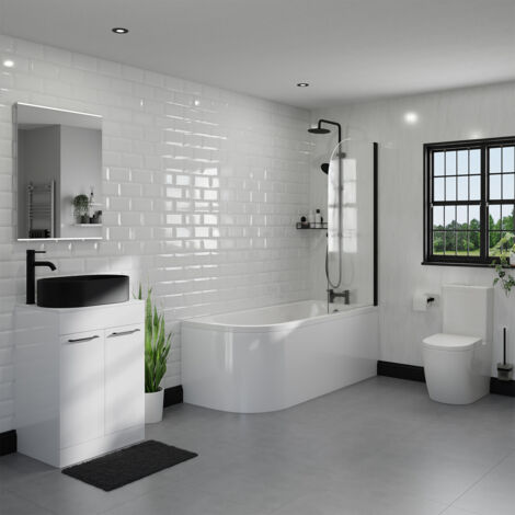 Wholesale Domestic Encore 1700mm Right Hand Curved Bathroom Suite including Matt Black Countertop Basin and Gloss White Vanity Unit with Polished Chrome Handles