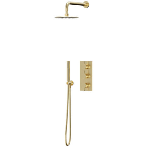 Colore Brushed Brass Triple Thermostatic Valve Mixer Shower Including 200mm Round Fixed Shower Head with Wall Arm and Round Shower Outlet Holder with Kit - 2 Outlet
