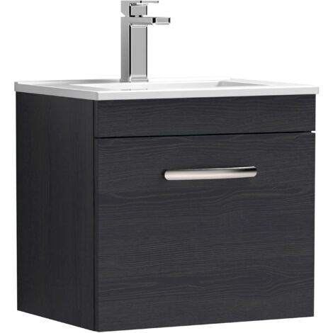 Nuie Athena Charcoal Black Woodgrain 500mm Wall Hung Single Drawer Vanity Unit and Minimalist Ceramic Basin - ATH012B (1/8)