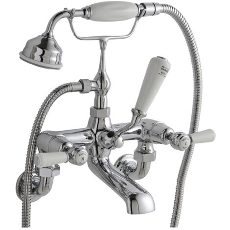 Old London Topaz White Lever Wall Mounted Chrome Bath Shower Mixer Tap and Shower Kit with Dome Collar - BC304DLWM (1/2)