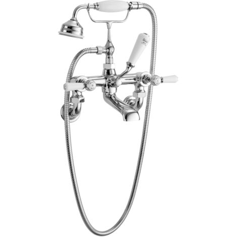 Old London Topaz White Lever Wall Mounted Chrome Bath Shower Mixer Tap and Shower Kit with Hex Collar - BC304HLWM (1/2)