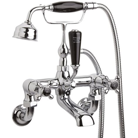 Old London Topaz Black Crosshead Wall Mounted Chrome Bath Shower Mixer Tap and Shower Kit with Dome Collar - BC404DXWM (1/2)