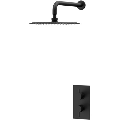 Colore Matt Black Twin Thermostatic Valve Mixer Shower with 300mm Round Fixed Shower Head and Wall Arm - 1 Outlet (1/3)