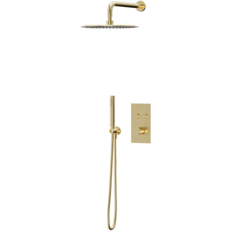 Colore Brushed Brass Concealed Push Button Twin Thermostatic Shower Valve Including 300mm Round Fixed Shower Head with Wall Arm and Round Shower Outlet Holder with Kit - 2 Outlet (1/3)