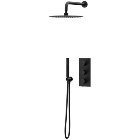 Colore Matt Black Triple Thermostatic Valve Mixer Shower Including 300mm Round Fixed Shower Head with Wall Arm and Round Shower Outlet Holder with Kit - 2 Outlet (1/3)