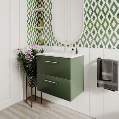 Nuie Arno Satin Green 600mm Wall Hung 2 Drawer Vanity Unit and Minimalist Ceramic Basin - ARN824B (1/5)
