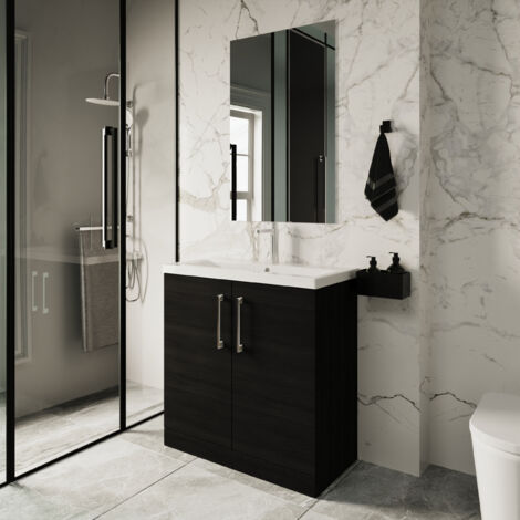 Nuie Arno Charcoal Black Woodgrain 800mm 2 Door Vanity Unit and Thin Edge Ceramic Basin - ARN605D (1/5)