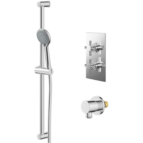 Wholesale Domestic Cross Polished Chrome Concealed Twin Thermostatic Shower Valve and Sark Slide Rail Kit with Round Elbow - 1 Outlet (1/5)