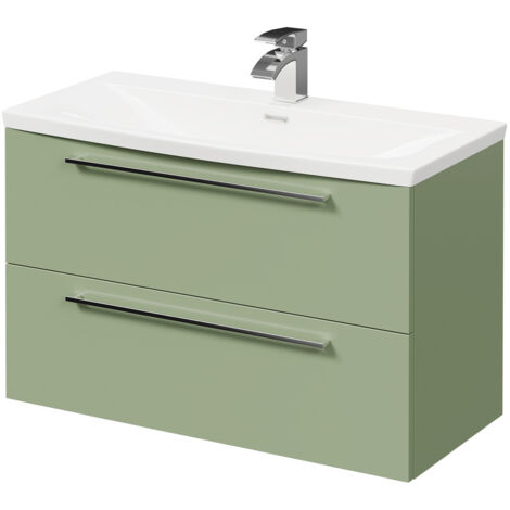 Napoli Olive Green 800mm Wall Mounted Vanity Unit with 1 Tap Hole ...