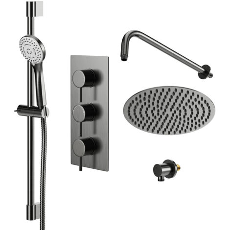 Colore Round Gunmetal Grey Concealed Triple Thermostatic Shower Valve Including 200mm Fixed Shower Head with Wall Arm and Slide Rail Kit - 2 Outlet (1/5)