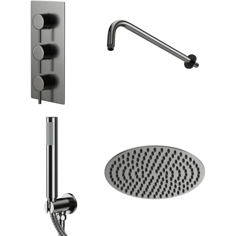 Colore round gunmetal grey concealed triple thermostatic valve mixer shower – 300mm fixed shower head – 2 outlet system – Thermostatic control for consistent temperature (1/5)